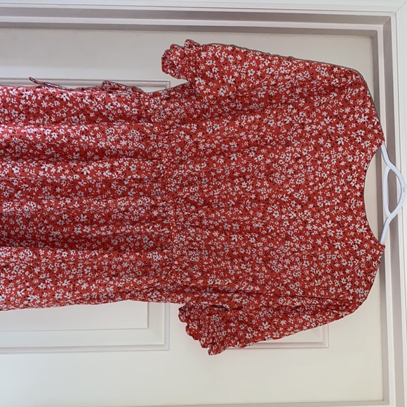 Orange with white floral print wrap dress - tied side - Picture 5 of 7